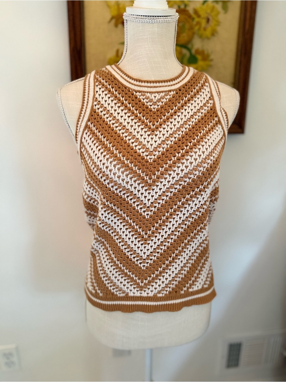 Elie Tahari Chevron Knit Tank in Cream & Tan